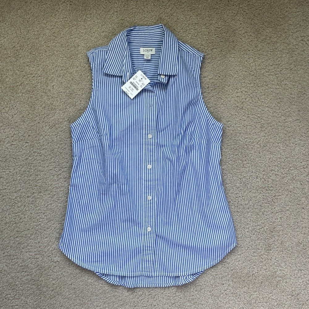 💙 NWT J.Crew Sleeveless Stripe Button-Up Shirt – Blue & White Banker Stripe PXS